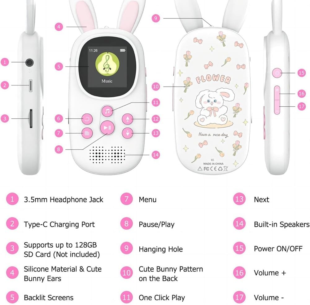 cogae 32GB Music MP3 Player for Kids, Cute Bunny Kids Music MP3 Player with BT, MP3 & MP4 Players with Speaker