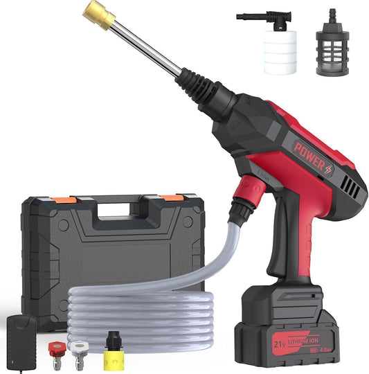 Cordless Pressure Washer, Portable Pressure Washer Battery Powered Max 1080PSI, 1.2GPM with 1 * 21V 4.0Ah Rechargeable Battery, 20FT Drain Hose, Electric Power Washer for Car, Floor, Red
