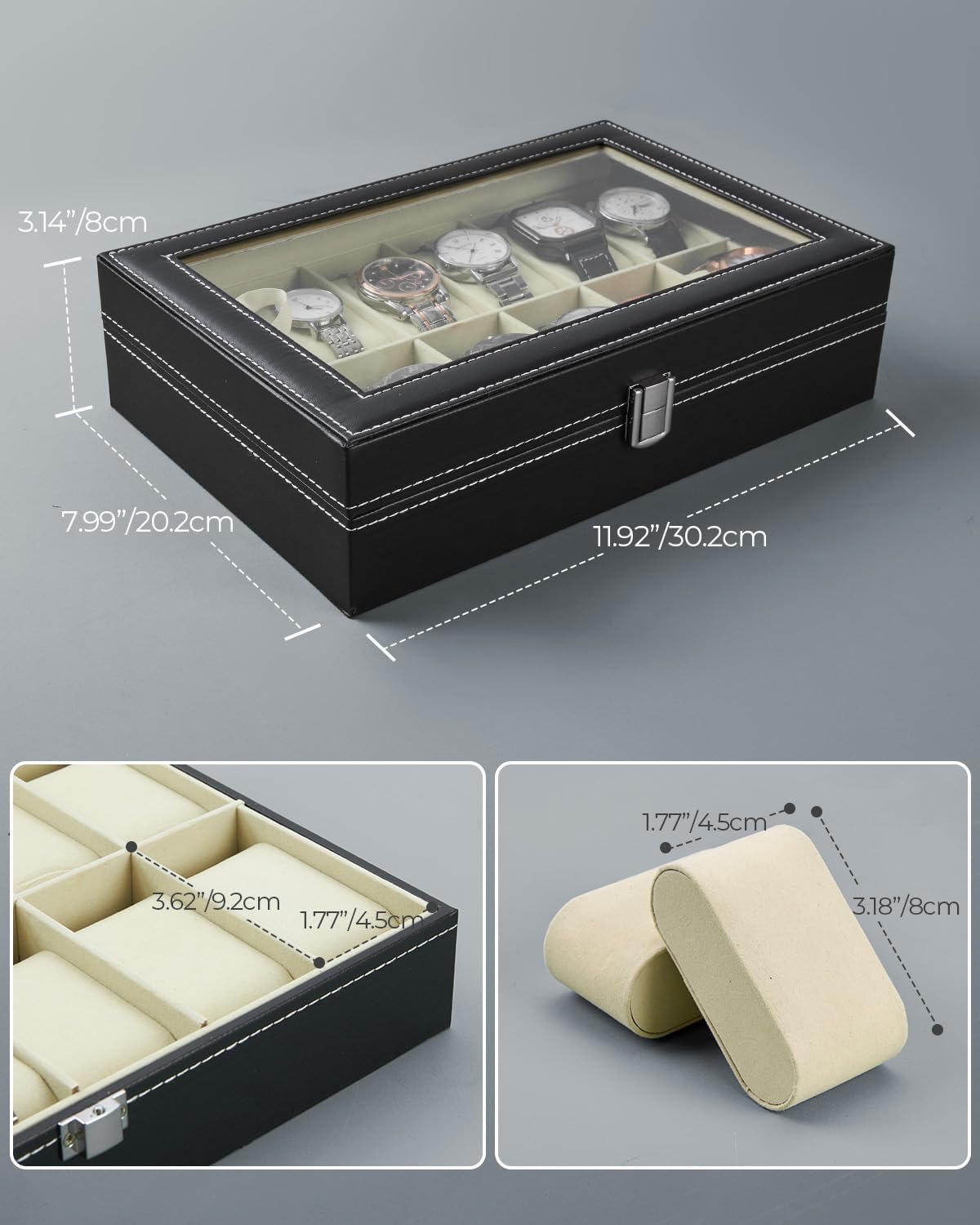 Ohuhu Watch Box Organizer for Men -12 Slot Leather Watch Case with Real Glass Lid Watch Display Case, Watch Organizer Jewelry Storage Box