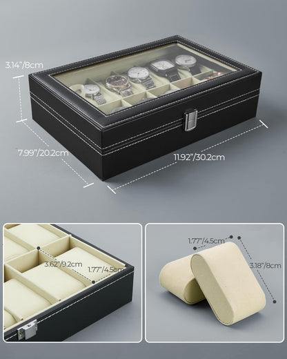 Ohuhu Watch Box Organizer for Men -12 Slot Leather Watch Case with Real Glass Lid Watch Display Case, Watch Organizer Jewelry Storage Box
