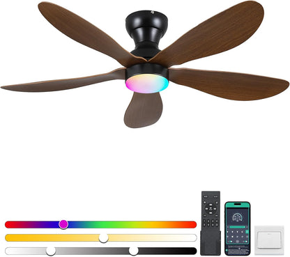 Modern Ceiling Fans with Lights Remote/APP Control, 29" Flush Mount Ceiling Fans with 3 CCT Dimmable Lights, Low Profile Ceiling Fans with 5 Propeller Blades LED Lights for Kids Room Bedroom, Brown - PuriLite