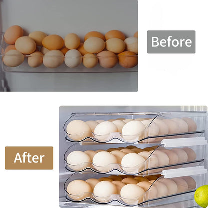 Auto Rolling Egg Storage for Fridge | Stackable Egg Organizer | Refrigerator Egg Holder with Lid | Kitchen Fridge Storage Box | Space Saving Egg Container