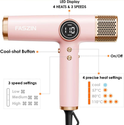 Faszin Hair Dryer, Lightweight Blow Dryer with 110,000 RPM High-Speed for Fast Drying, 200 Million Ionic Hairdryer with Auto-Clean, Low Noise, 3 Magnetic Nozzles for Travel, Salon, Home - Pink