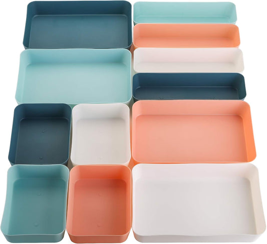12 Pieces Plastic Desk Drawer Organizer and Storage, Large Size Stackable Vanity Desk Drawer Organizers Bins Trays Set Drawer Dividers for Makeup Office Bathroom Dresser Kitchen, 4 Colors