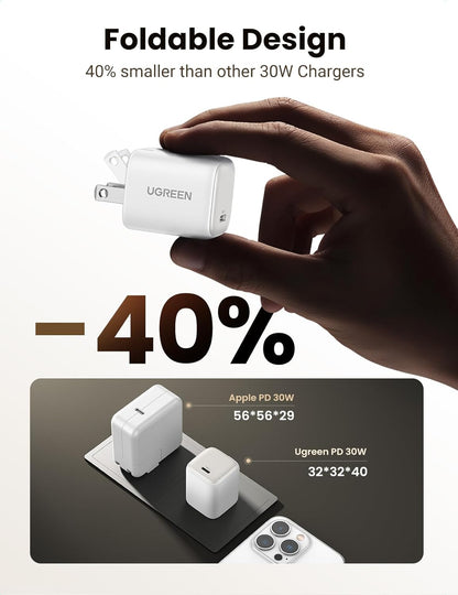 UGREEN USB C Charger Block 30W, Foldable Nexode Fast Charger GaN Fast Charging, USB C Wall Plug Compatible for iPhone16 Pro Max 15, Galaxy S24 Series, Pixel 8 Pro 7, MacBook Air, iPad, Black