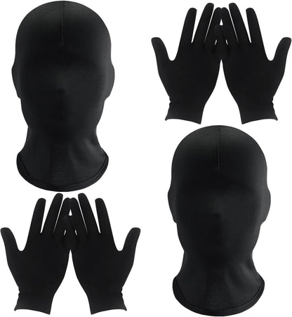 2Pcs Black Full Face Masks and Gloves Set Halloween Faceless Mask Spandex Morph Mask Full Head Masks for Adult Party Cosplay