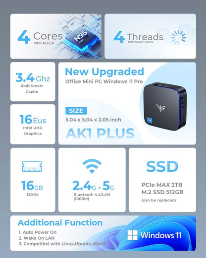 KAMRUI AK1PLUS Mini PC W-11 Pro, 12th Gen N95 Processor (up to 3.4GHz), Mini Desktop Computers with 16GB RAM 512GB M.2 2.5" SSD, Mini Computer Support Dual 4K UHD for Home Business Office