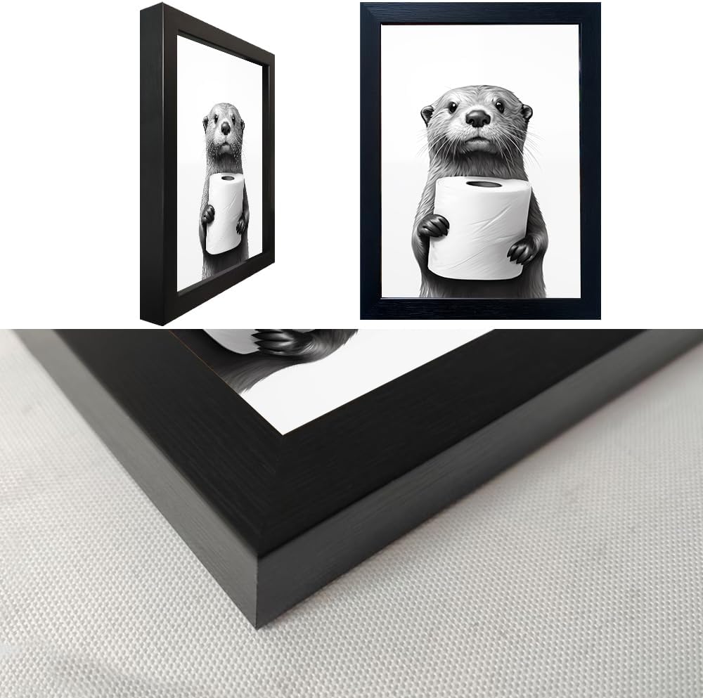 Bathroom Picture Wall Decor, Framed Black and White Bathroom Wall Art, Toilet Paper in Little Funny Raccoon's Hand Animal Canvas Print Painting