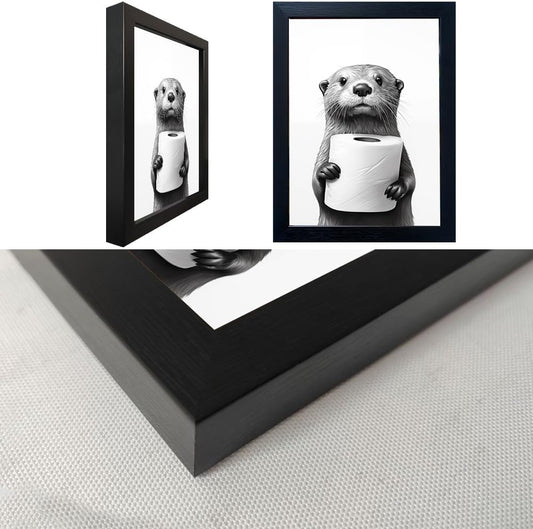 Bathroom Picture Wall Decor, Framed Black and White Bathroom Wall Art, Toilet Paper in Little Funny Raccoon's Hand Animal Canvas Print Painting