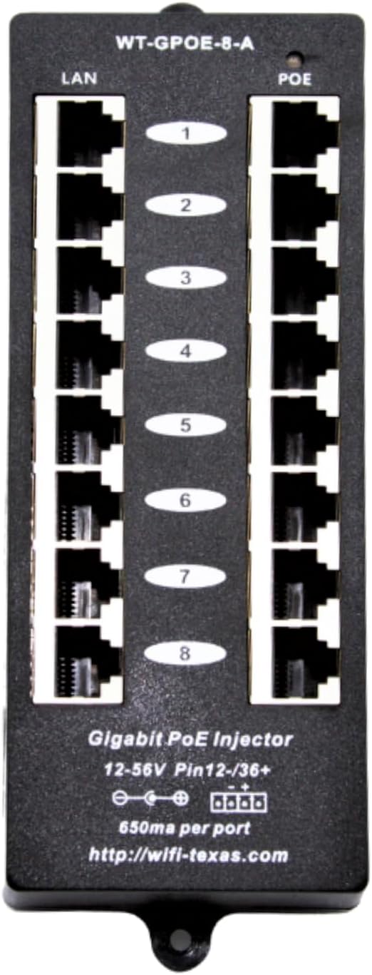 Purilite Select 8-Port Gigabit PoE Injector with 48V Power Supply – 60W Total Output for IP Phones, Cameras & Access Points