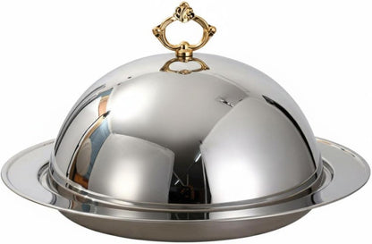 Stainless Steel Serving Platter with Lid High-End Cloche Serving Dome with Tray Decorative Handle Steak Plate Covered for Hotel, Restaurant, Buffet, Silver