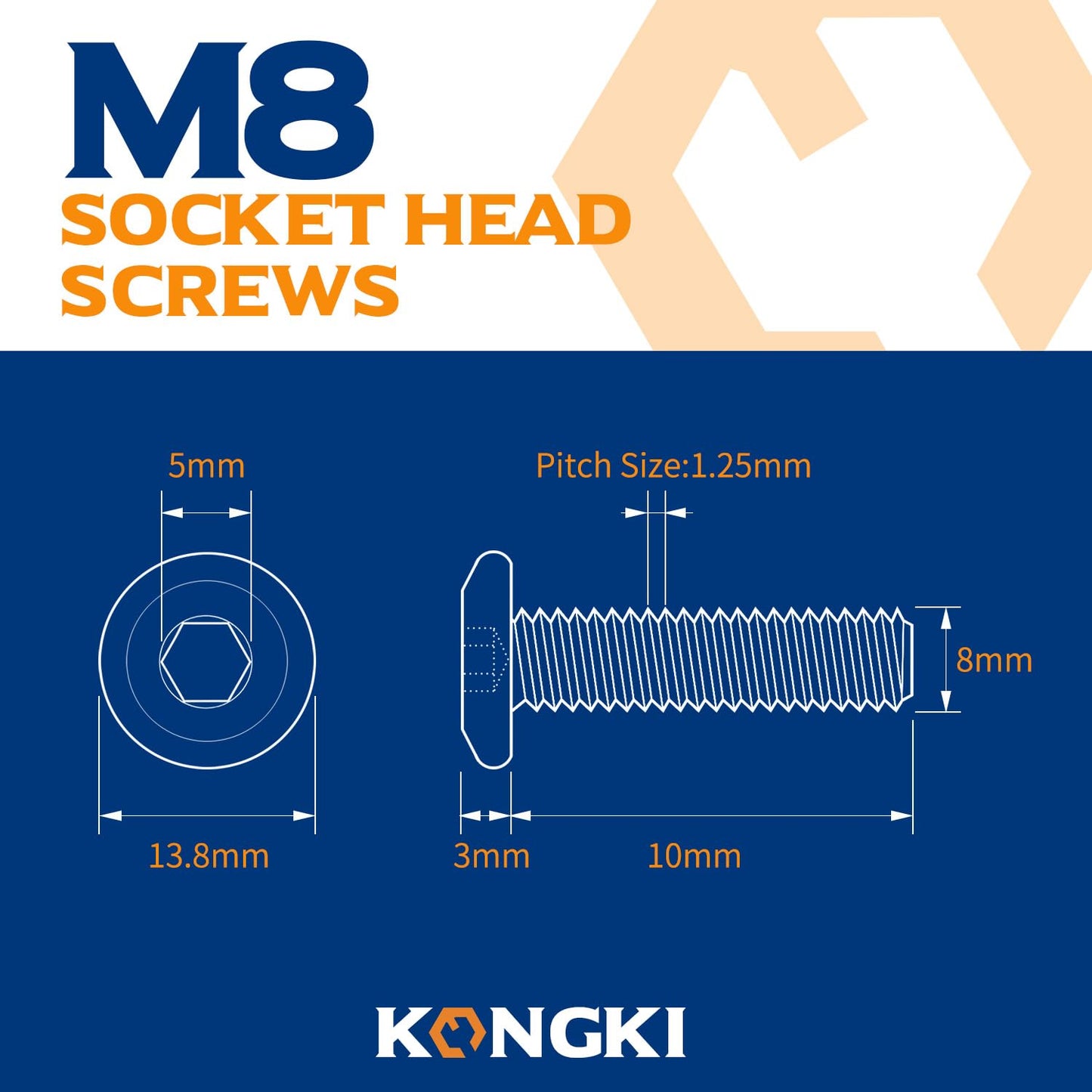 M8 x 16mm 20 PCS Flat Head Hex Socket Cap Screws Bolt, Furniture Bolts, 304 Stainless Steel 18-8, Full Thread (with Hex Spanner)