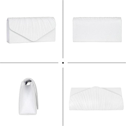 Larcenciel White Clutch Purse for Women, Elegant Pleated Evening Bags with Chain Strap, Sparkly Green Sequin Envelope Clutch Bag, Formal Shoulder Handbag for Wedding, Party, Prom, Cocktail, Date Night