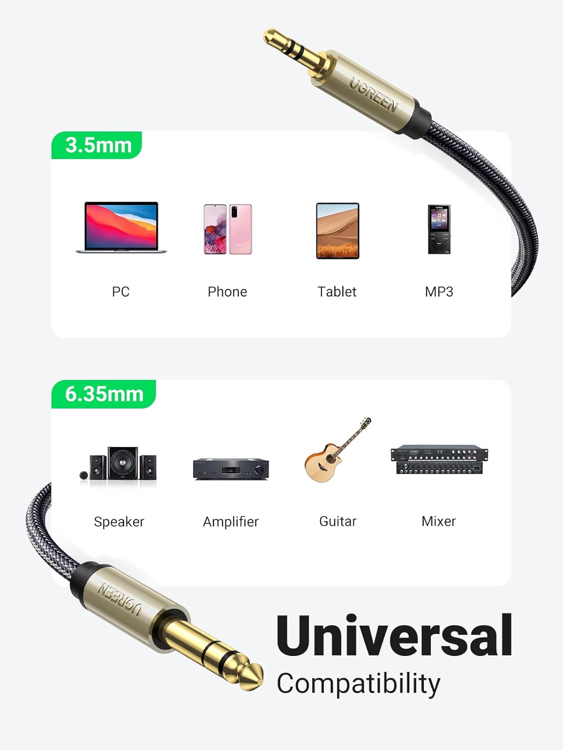 UGREEN 1/8 to 1/4 Inch Cable, 3.5mm TRS to 6.35mm Audio Cable Guitar to Aux Male Cord with Zinc Alloy Housing and Nylon Braid for Amplifier, Mixer, Digital Keyboard, Home Theater, Laptop, 6.6FT
