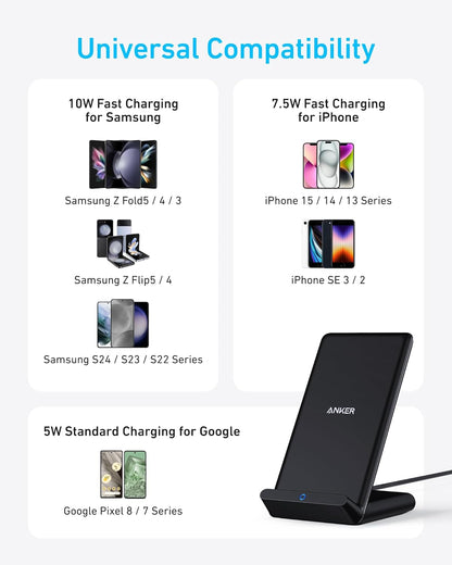 Anker 313 Wireless Charger (Stand), Qi-Certified for iPhone 14/14 Pro/14 Pro Max/13/13 Pro Max, 10W Fast-Charging Galaxy S20, S10 (No AC Adapter)