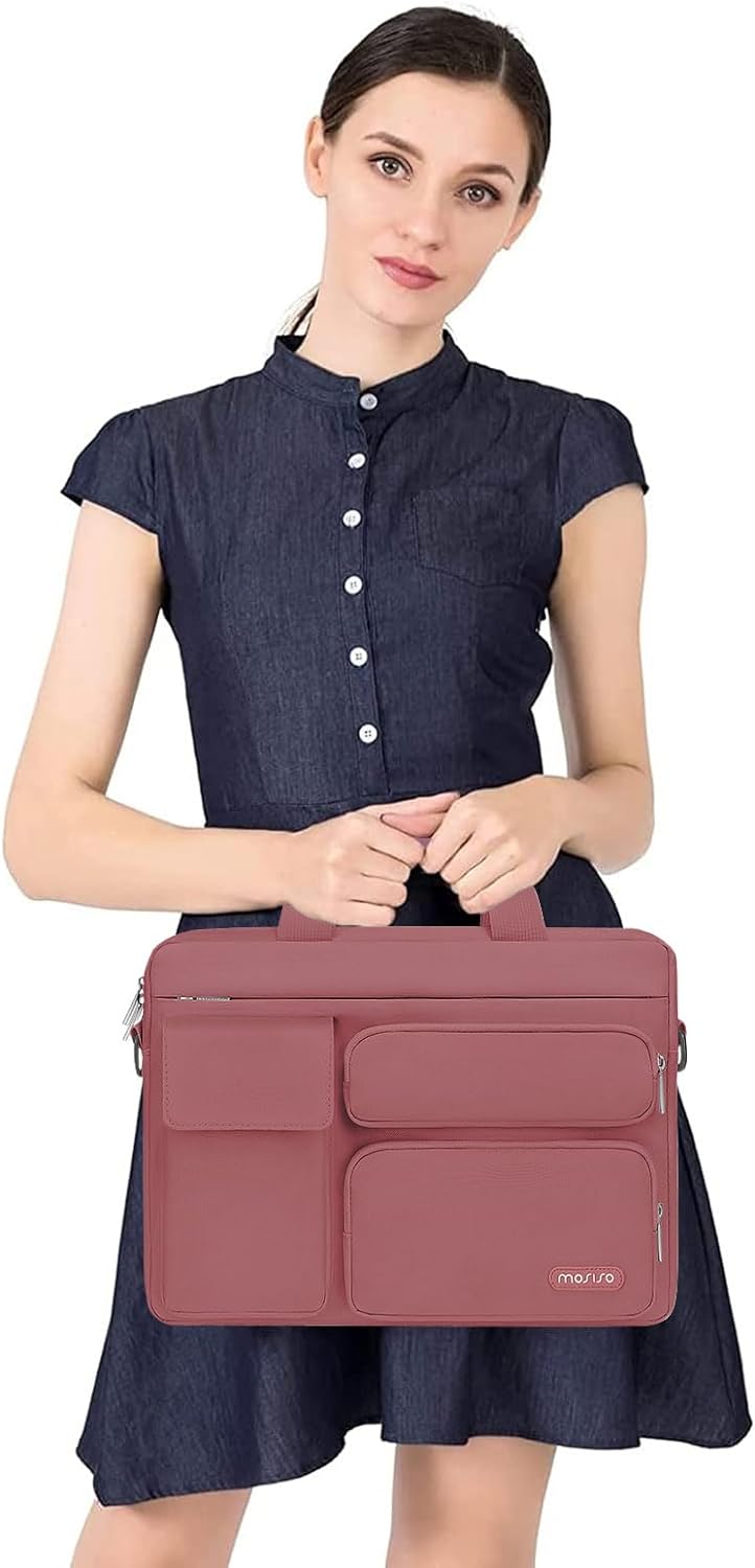 MOSISO Laptop Bag 16 inch, 15-15.6 inch Computer Shoulder Bag Compatible with MacBook Air 15 M4 M3 M2/Pro 16 M4 M3 M2 M1, Notebook &2 Raised&1 Flapover&1 Horizontal Pocket&Handle&Belt, Pink - PuriLite