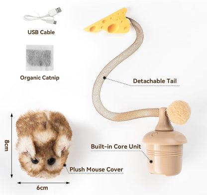 Migipaws Interactive MigiMouse Cat Toy 360° Rolling & Spin with Wiggling Tail for Indoor Cats Smart Motion Sensor, Realistic Squeak, Rechargeable Plush Kitten Toy (Brown Long Plush)