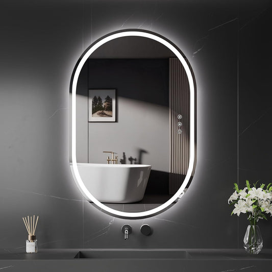 OUMUSU 24"x36" Oval LED Bathroom Mirror, Anti-Fog Bathroom Mirror with Light, Stepless Dimmable, 3 Colors, Shatterproof, Vertical or Horizontal - PuriLite