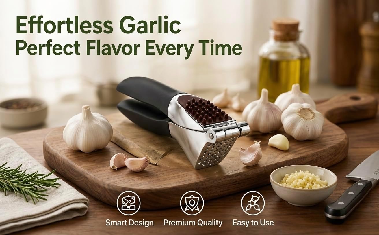 Garlic Press Set, Heavy Duty Zinc Alloy Garlic Crusher & Mincer – Ergonomic Non-Slip Handle, Easy Clean with Peeler & Brush, Professional Kitchen Tool for Garlic, Ginger & Herbs