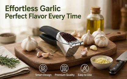 Garlic Press Set, Heavy Duty Zinc Alloy Garlic Crusher & Mincer – Ergonomic Non-Slip Handle, Easy Clean with Peeler & Brush, Professional Kitchen Tool for Garlic, Ginger & Herbs
