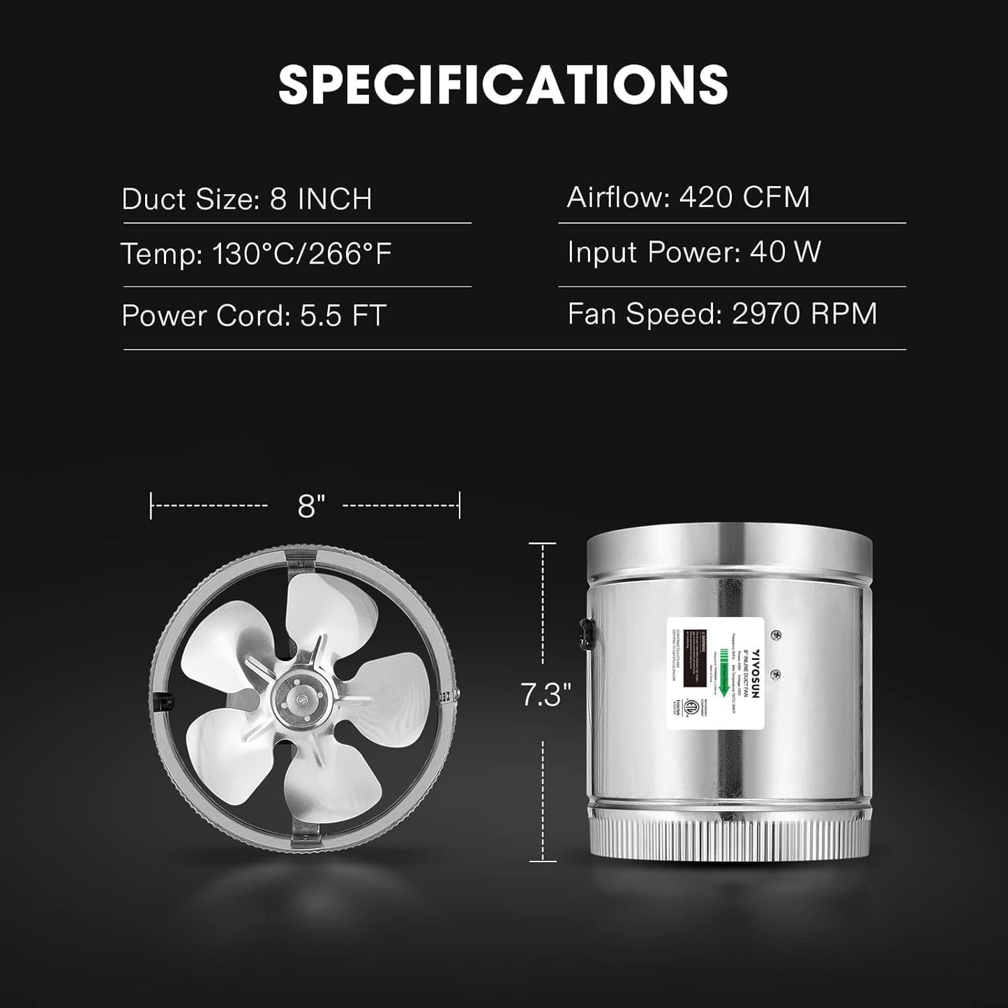 VIVOSUN 8 Inch Inline Duct Fan 420 CFM, HVAC Exhaust Ventilation Fan with Low Noise for Basements, Bathrooms, Kitchens and Attics, Silver