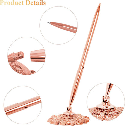 Bcxfbxd 2 Pcs Hollow Round Pen Holder Metal Pen Stand Holder Set Signing Pen Set Signing Desk Ballpoint Pens for Guest Book Wedding Birthday Party Graduation Teacher Office Business (Gold)