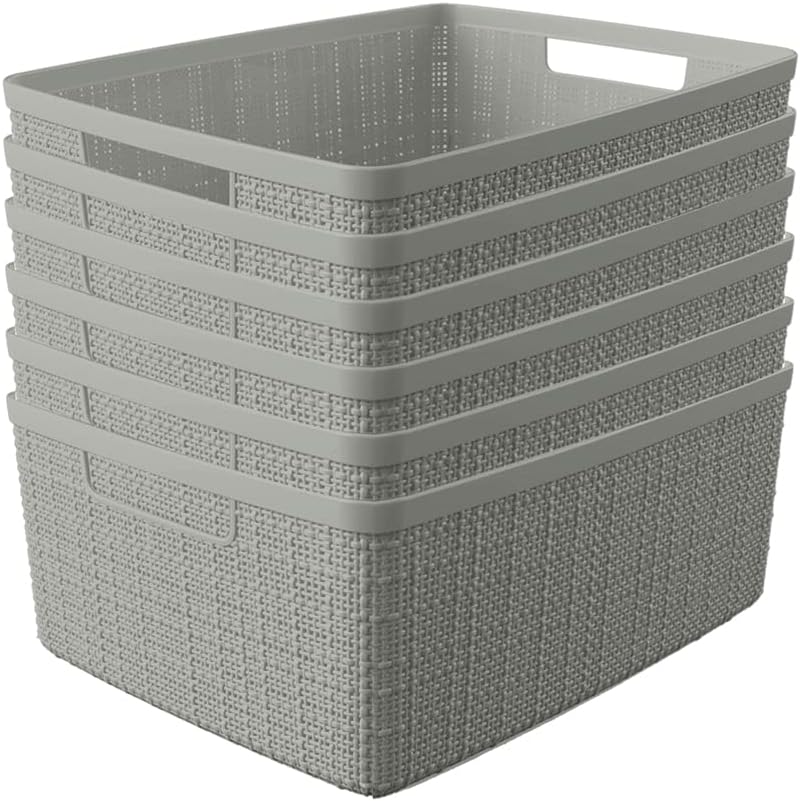 Decorative Jute-Look Plastic Storage Baskets Set of 6 – Rectangular Resin Organizer Bins with Handles for Home Office, Closet, Kitchen Pantry, Bedroom, and Laundry - PuriLite