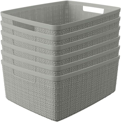 Decorative Jute-Look Plastic Storage Baskets Set of 6 – Rectangular Resin Organizer Bins with Handles for Home Office, Closet, Kitchen Pantry, Bedroom, and Laundry - PuriLite