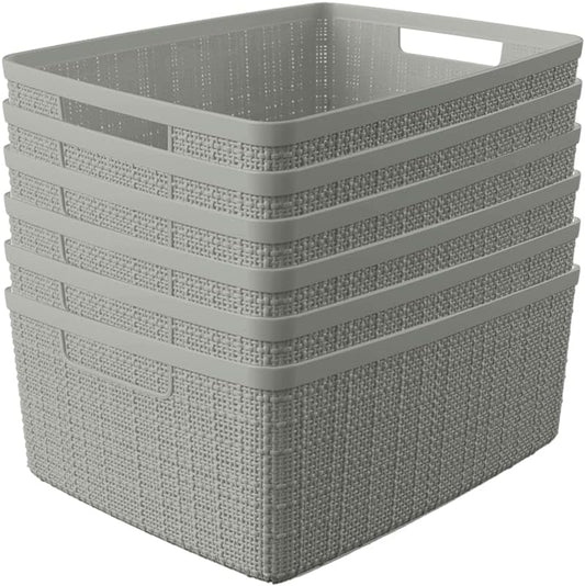 Decorative Jute-Look Plastic Storage Baskets Set of 6 – Rectangular Resin Organizer Bins with Handles for Home Office, Closet, Kitchen Pantry, Bedroom, and Laundry - PuriLite