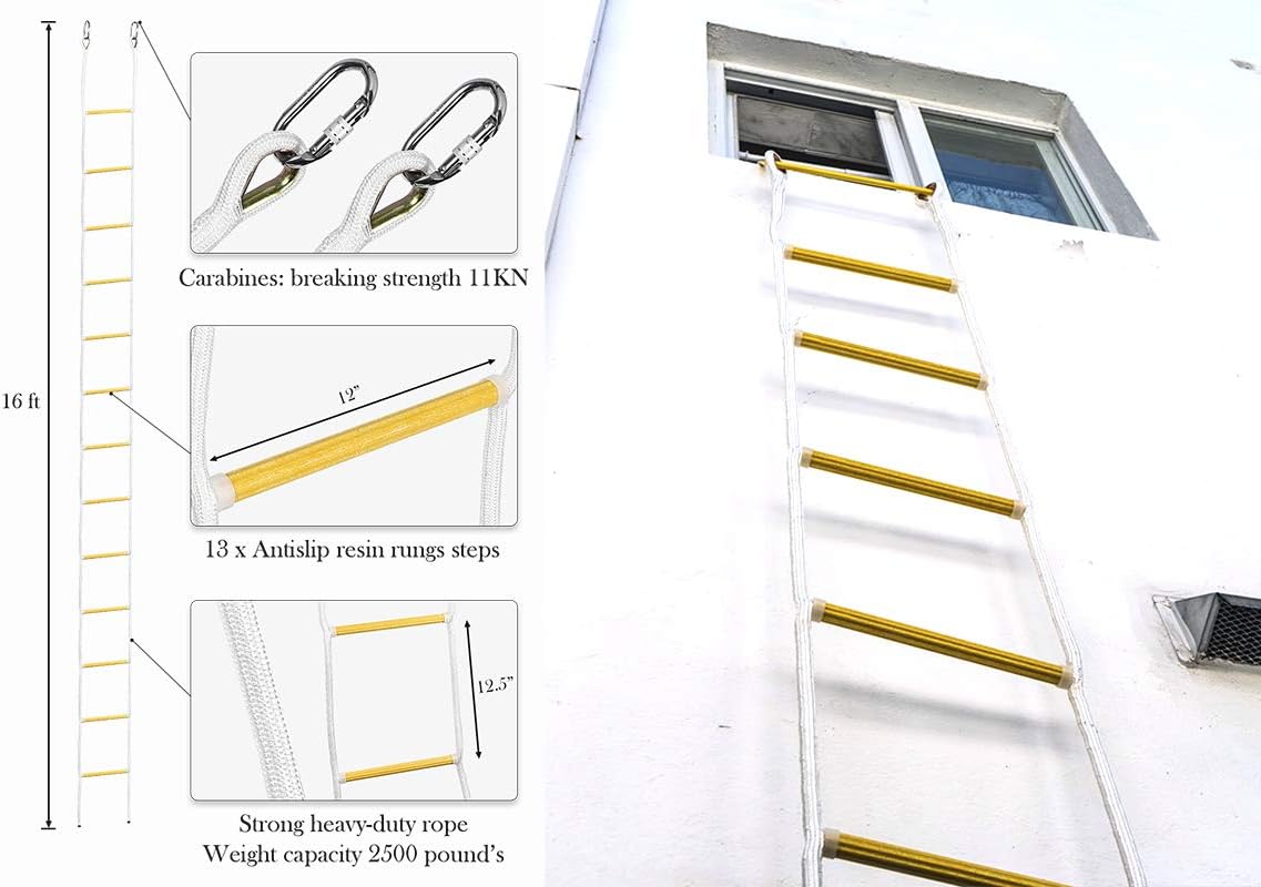 ISOP Fire Escape Rope Ladder 5 m with Spring Hooks - Emergency Evacuation Ladders - Flame Resistant Compact & Lightweight Safety Ropes 900 kg Weight Capacity - Hanging Ladders for Work