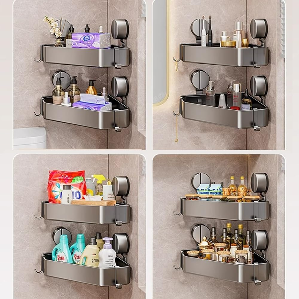 2Pcs Corner Shower Caddy No Drill Rustproof Aluminum Space-Saving Strong Suction Cup Diamond Design Bathroom Shelf Organizer, with 4 Hooks Bathroom Shampoo Holder