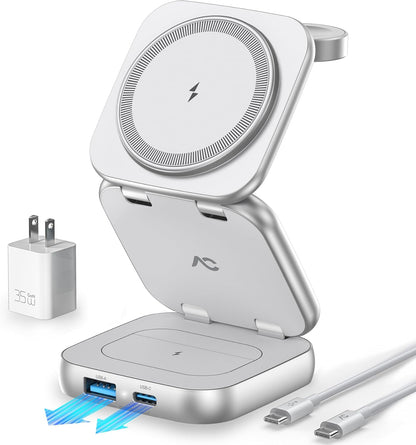 5-in-1 Wireless Charger for Magsafe, AC ISLAND Aluminum Travel Charging Station for Apple, 15W Snap Magnetic Multi Charging Stand Dock for iPhone 16/15/14/13 Apple Watch AirPods (with 35W GaN Adapter)