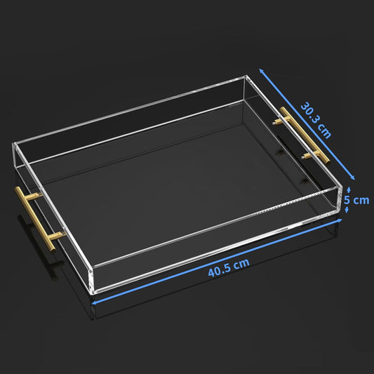 NIUBEE Clear Acrylic Serving Tray 12x16” – Spill-Proof Decorative Tray with Gold Handles for Coffee Table, Ottoman, Countertop, Breakfast, Drinks & Food - PuriLite