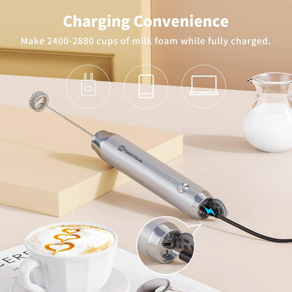 Maestri House Rechargeable Milk Frother, Handheld Electric Foam Maker Waterproof Detachable Stainless Steel Whisk Drink Mixer Foamer with Stand,LunaFro