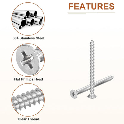 DTGN 100Pcs #8x1 Flat Head Wood Screws, 304 Stainless Steel Phillips Self Tapping Screws - Good for Woodworking, Furniture - Silver