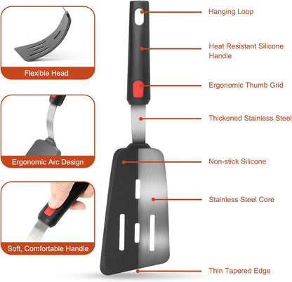 Hotec Silicone Spatula Turner for Nonstick Cookware, Flexible 600F Heat Resistant, Ideal for Flipping Eggs, Burgers, Pancakes, Crepes and More (3 Pack)