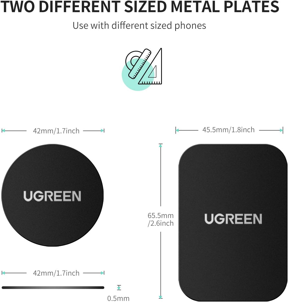 UGREEN Metal Plate for Magnetic Car Mount Cell Phone Magnet Holder with Strong Adhesive Sticker, 2 Round and 2 Rectangle Black