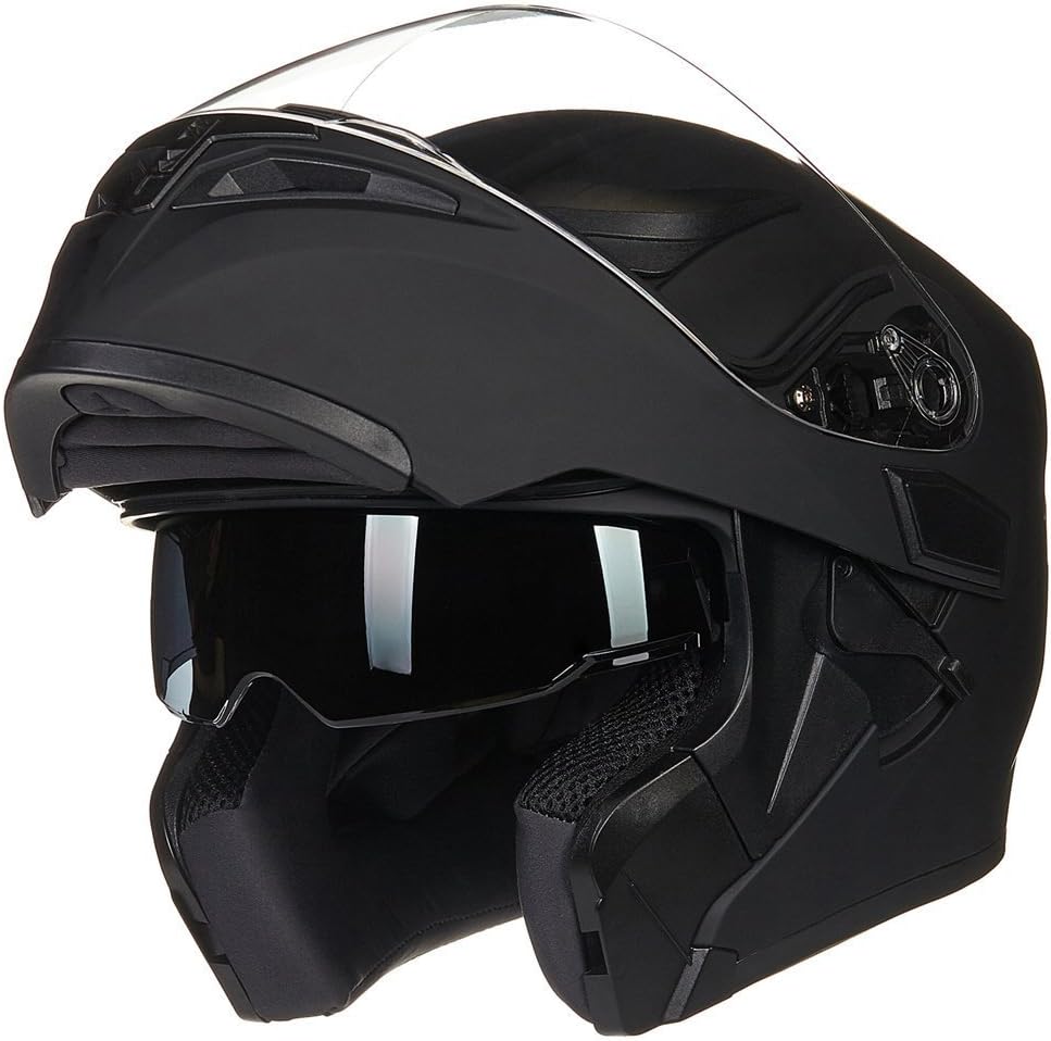 ILM Motorcycle Dual Visor Flip up Modular Full Face Helmet DOT with 7 Colors (L, Matte Black)