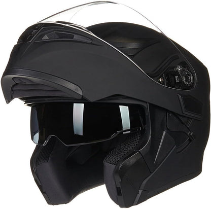ILM Motorcycle Dual Visor Flip up Modular Full Face Helmet DOT with 7 Colors (L, Matte Black)