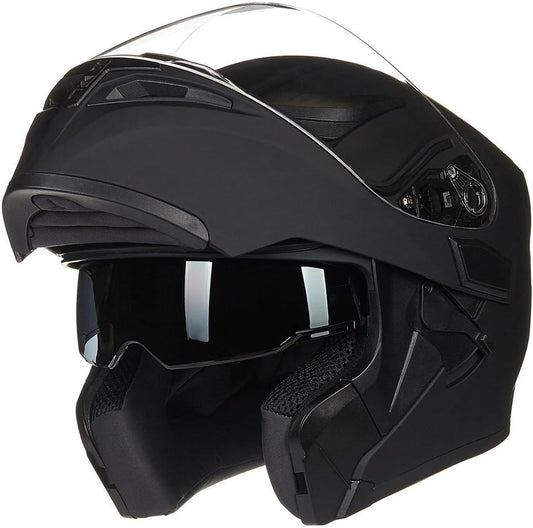 ILM Motorcycle Dual Visor Flip up Modular Full Face Helmet DOT with 7 Colors (L, Matte Black)
