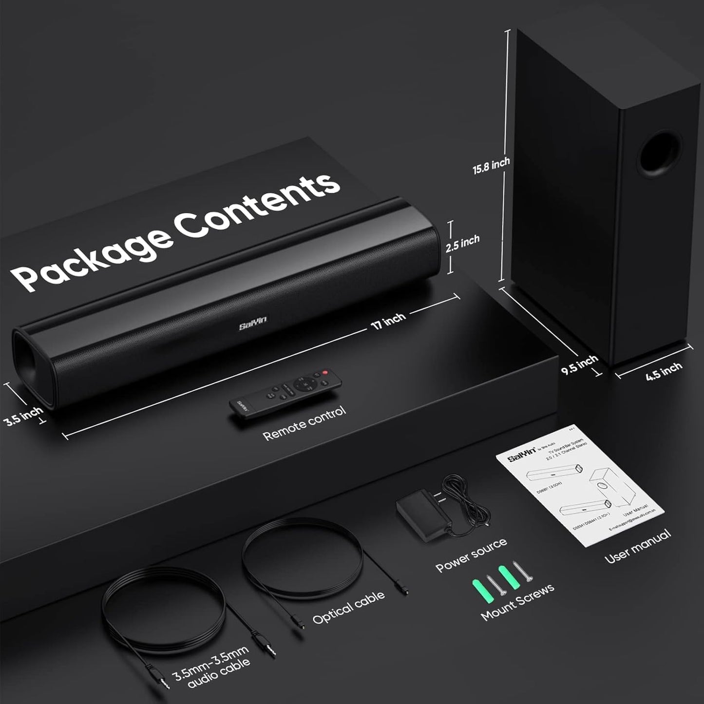 Saiyin Compact Sound Bar,40 Watts Small Soundbar for TV,Surround Sound System TV Sound Bar Speakers with Bluetooth/Optical/AUX Connection for PC/Gaming/Projectors,17inch