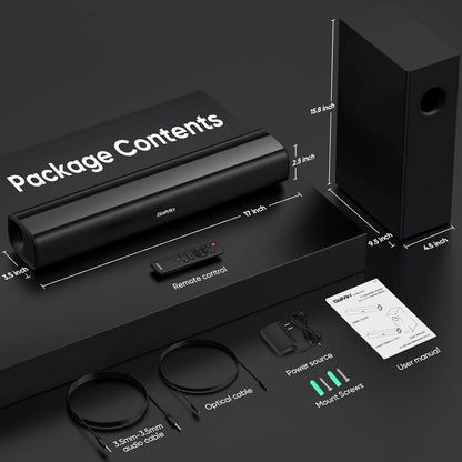 Saiyin Compact Sound Bar,40 Watts Small Soundbar for TV,Surround Sound System TV Sound Bar Speakers with Bluetooth/Optical/AUX Connection for PC/Gaming/Projectors,17inch