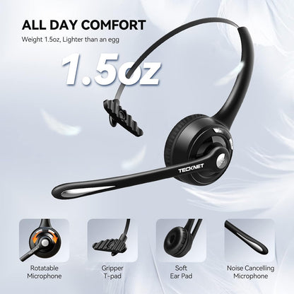 TECKNET Wireless Headset, Bluetooth Headphones with Noise Cancelling Microphone for Trucker, Hand Free Wireless Headset with Mute Mic for Cellphone/PC/Home/Office/Call Center