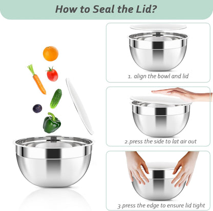 Luvan 18/10 304 Stainless Steel Mixing Bowl,Set of 6(1,1.5,1.9,2.6,3.4,4.2QT),with Airtight Lids,Nesting Bowls for Space Saving Storage,Dishwasher Safe, Great for Mixing,Baking, Prepping