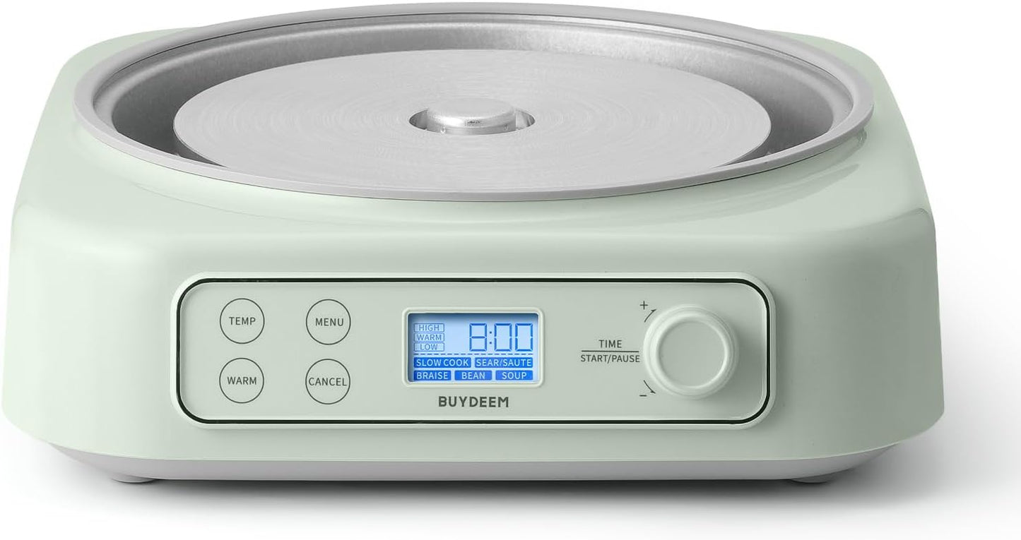 BUYDEEM LP55 5-in-1 Slow Cooker, Compatible with Various Cookwares, Multi-Cooker with Two Temperature Settings, Auto Keep Warm for 2H, Cozy Greenish, No Pot Included