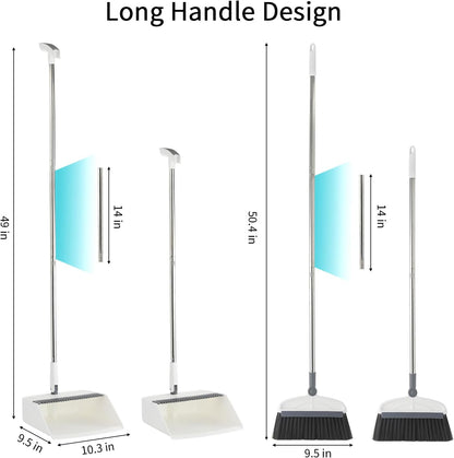 Broom with Dustpan Combo Set, 2 in 1 Broom and Dustpan Set with Long Handle, Upright 180° Rotating Broom with Brush and Lightwight Dust Pans for Home Kitchen Room Office Lobby Floor Cleaning，White