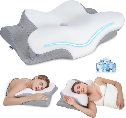 Cervical Neck Pillow,Memory Foam Pillows for Relieving Neck and Shoulder Pain, Neck Support Pillow for Side Sleepers, 2 Heights Ergonomic Pillow with Breathable Ice Silk Cover White