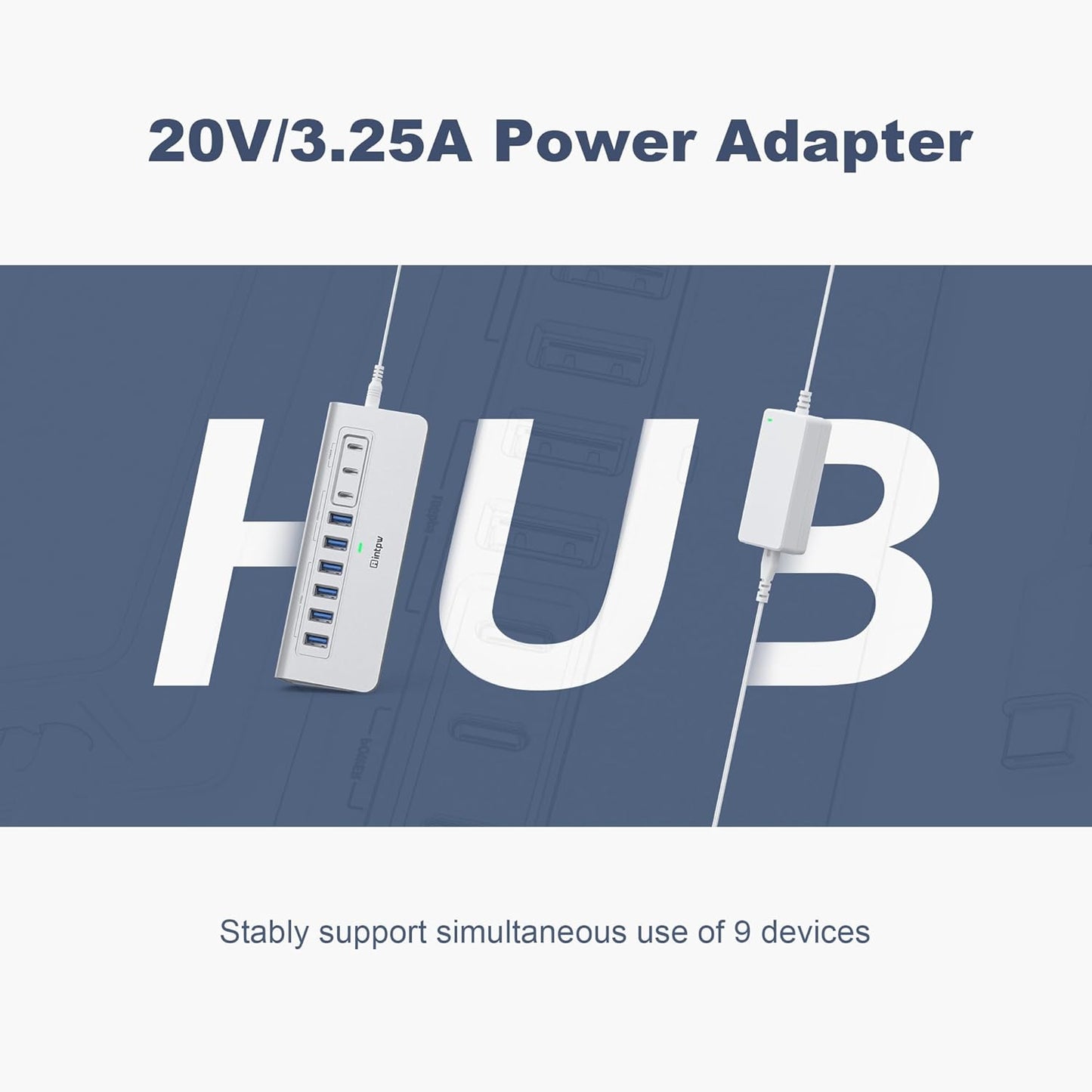Powered USB Hub, Intpw 9-Port USB 3.2/USB C Hub with 10Gbps, 5*USB 3.0 + 45W PD Charging Ports, 3.3FT Cable and 65W Power Adapter, Aluminum USB Extender Hub for iphone16/ipad/Macbook/Laptop,PC