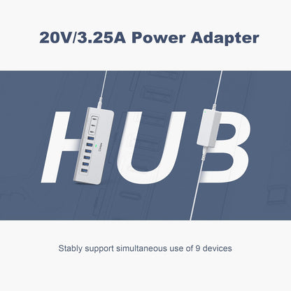 Powered USB Hub, Intpw 9-Port USB 3.2/USB C Hub with 10Gbps, 5*USB 3.0 + 45W PD Charging Ports, 3.3FT Cable and 65W Power Adapter, Aluminum USB Extender Hub for iphone16/ipad/Macbook/Laptop,PC