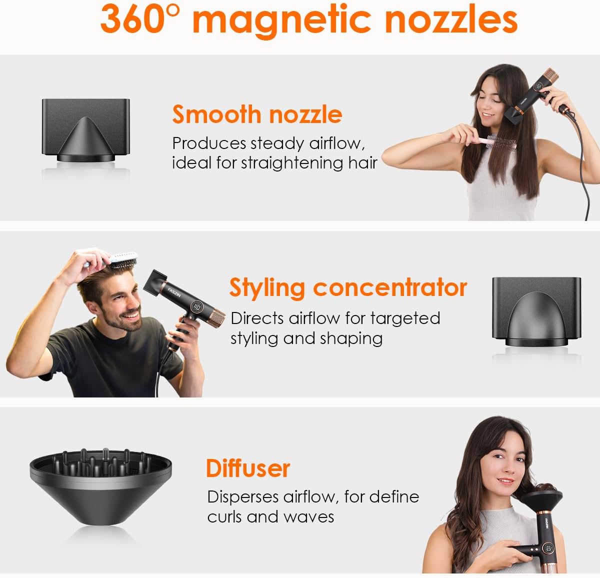 Faszin Hair Dryer, Lightweight Blow Dryer with 110,000 RPM High-Speed for Fast Drying, 200 Million Ionic Hairdryer with Auto-Clean, Low Noise, 3 Magnetic Nozzles for Travel, Salon, Home - Pink